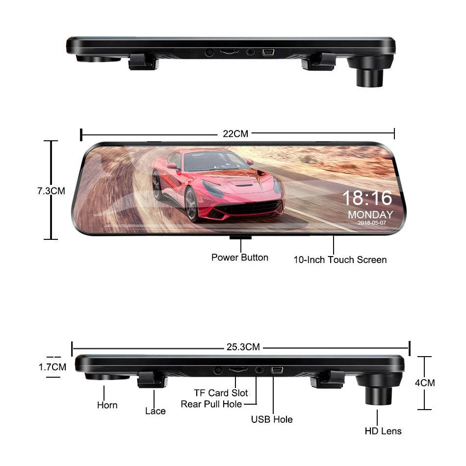 10 Inch Car DVR Mirror Video Recorder 1080P Touch Screen Dashcam for Car Dual Lens Streaming Driving Recorder Dash Camera